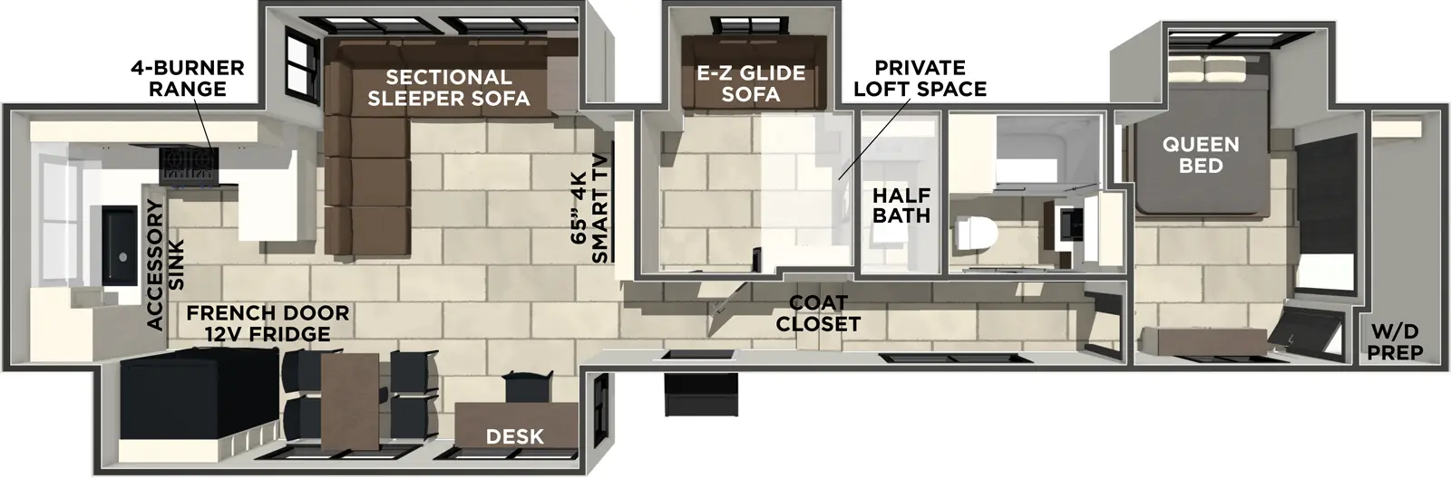 The Crusader BONUS38 floorplan has one entry and four slide outs. Exterior features include: fiberglass exterior. Interiors features include: loft, rear kitchen and front bedroom.